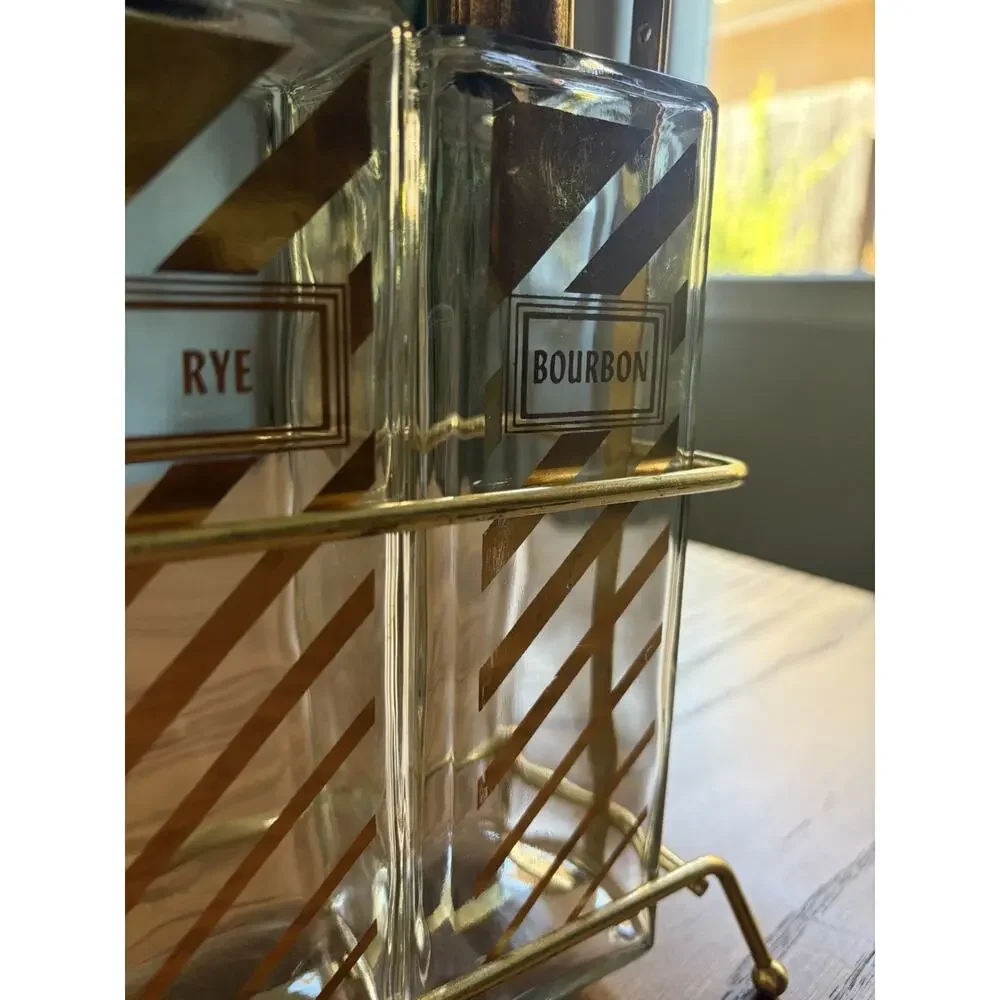Vintage Midcentury Decanter Set with Brass Caddy Scotch Rye Bourbon Bottles